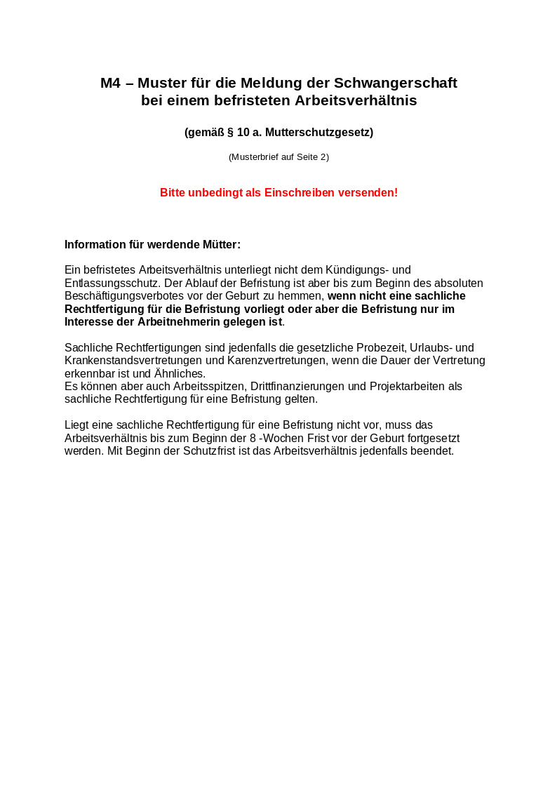 M4- Muster für die Meldung der Schwangerschaft bei einem befristeten Arbeitsverhältnis
